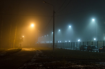 Illuminated park and street in the fog