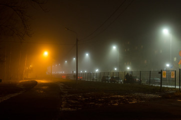 Yellow and blue lights in the fog