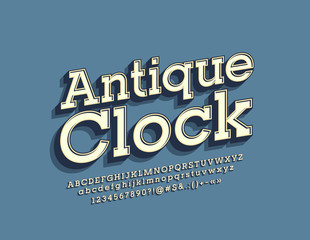 Vector stylish logo Antique Clock. Bright retro Font. Vintage 3D Alphabet Letters, Numbers and Symbols.