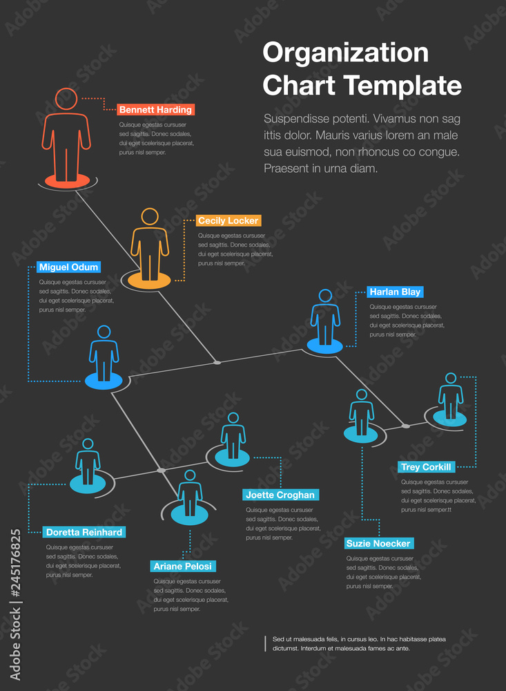 Poster Simple company organization hierarchy chart template with place for your content - dark version. Easy to use for your website or presentation.