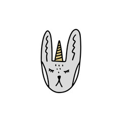 Cute funny rabbit unicorn face illustration. Vector and jpg.