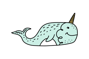 Vector cute narwhal art. Poster and banner element, children's book illustration, postcard.
