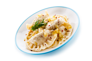 Dumplings - stuffed cheese noodles on white background