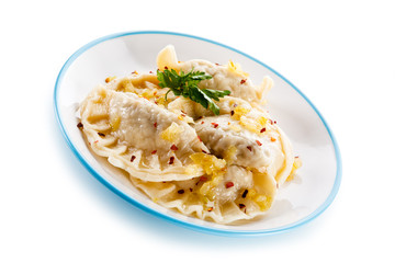 Dumplings - stuffed cheese noodles on white background