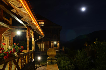 Evening in the glacier village amidst the mountains, mist and sky. The Carpathians