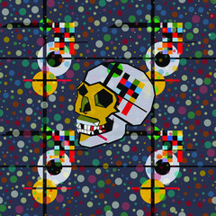 Seamless pattern with colorful pop art objects skulls, abstract forms,  dots, can be used as cool print for clothes 