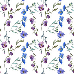 Blue purple flax floral botanical flower. Watercolor background illustration set. Seamless background pattern.