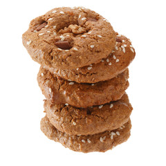 A bunch of homemade oatmeal cookies with nuts, chocolate and sesame. Isolated on white background.