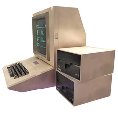 Fototapeta premium Retro personal computer. Low-poly old PC with display, keyboard. 3d rendering