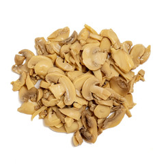 Marinated mushrooms isolated on white background. top view