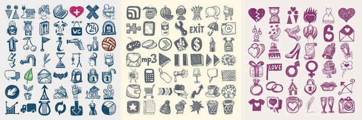 134 hand drawing doodle icon set