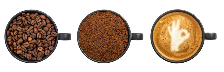Top view three cups of different stages of preparing cappuccino isolated on white background