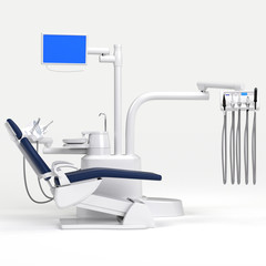 Dental clinic interior design with chair and tools. Contemporary empty dental office with dental chair and equipment. 3d rendering