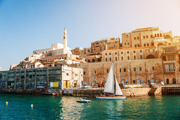 Medieval ancient city ashore sea in israel.