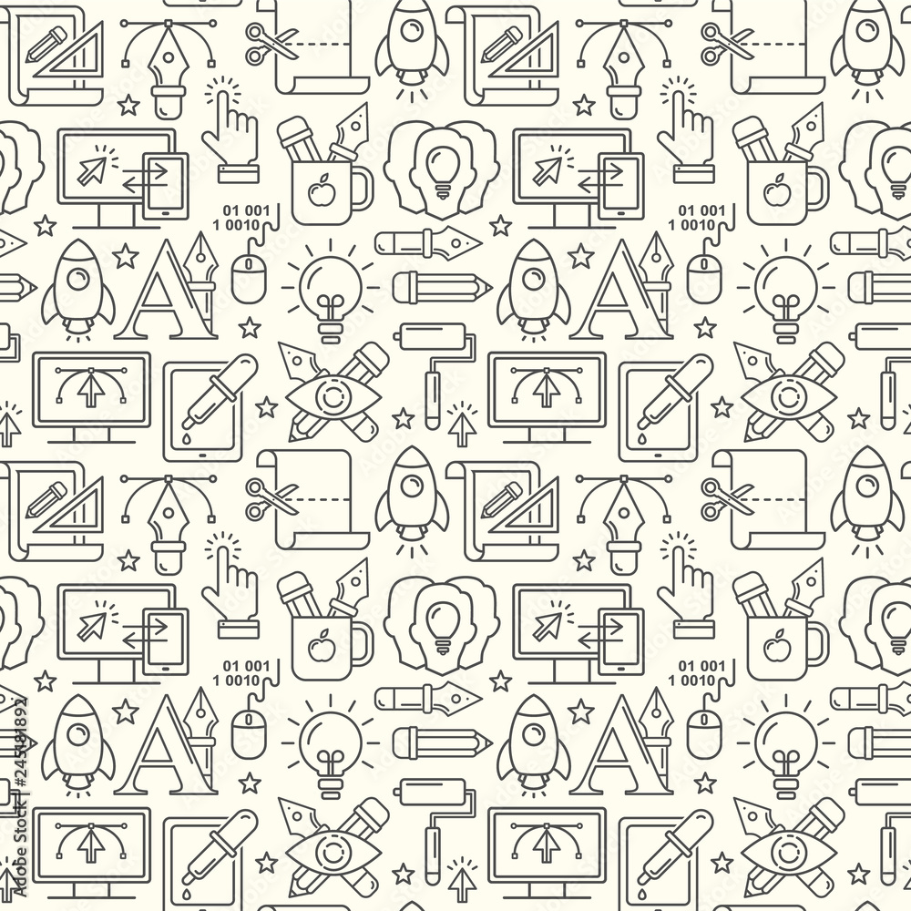 Fototapete vector graphic design seamless pattern with linear icons. line style designer background with place 