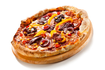 Pizza with ham, corn, mushrooms and dried tomatoes on white background
