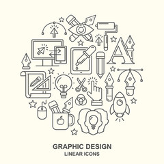 Vector graphic design pattern with linear icons. Line style designer background with place for text.  Graphic design education and learning.