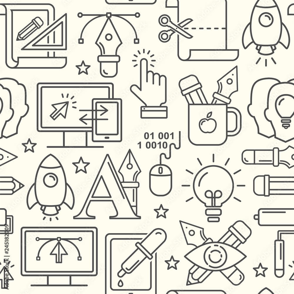 Fototapete Vector graphic design seamless pattern with linear icons. Line style designer background with place for text.  Graphic design education and learning.