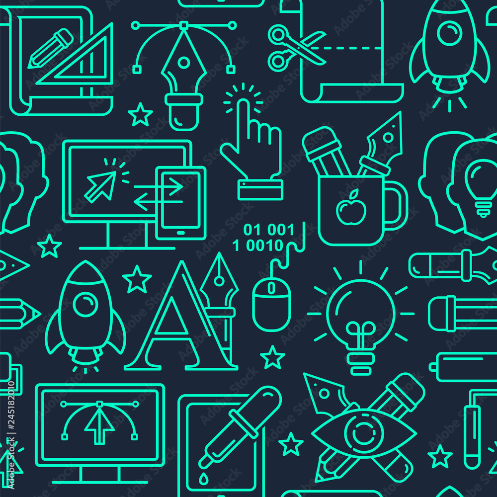 Fototapete vector graphic design seamless pattern with linear icons. line style designer background with place 