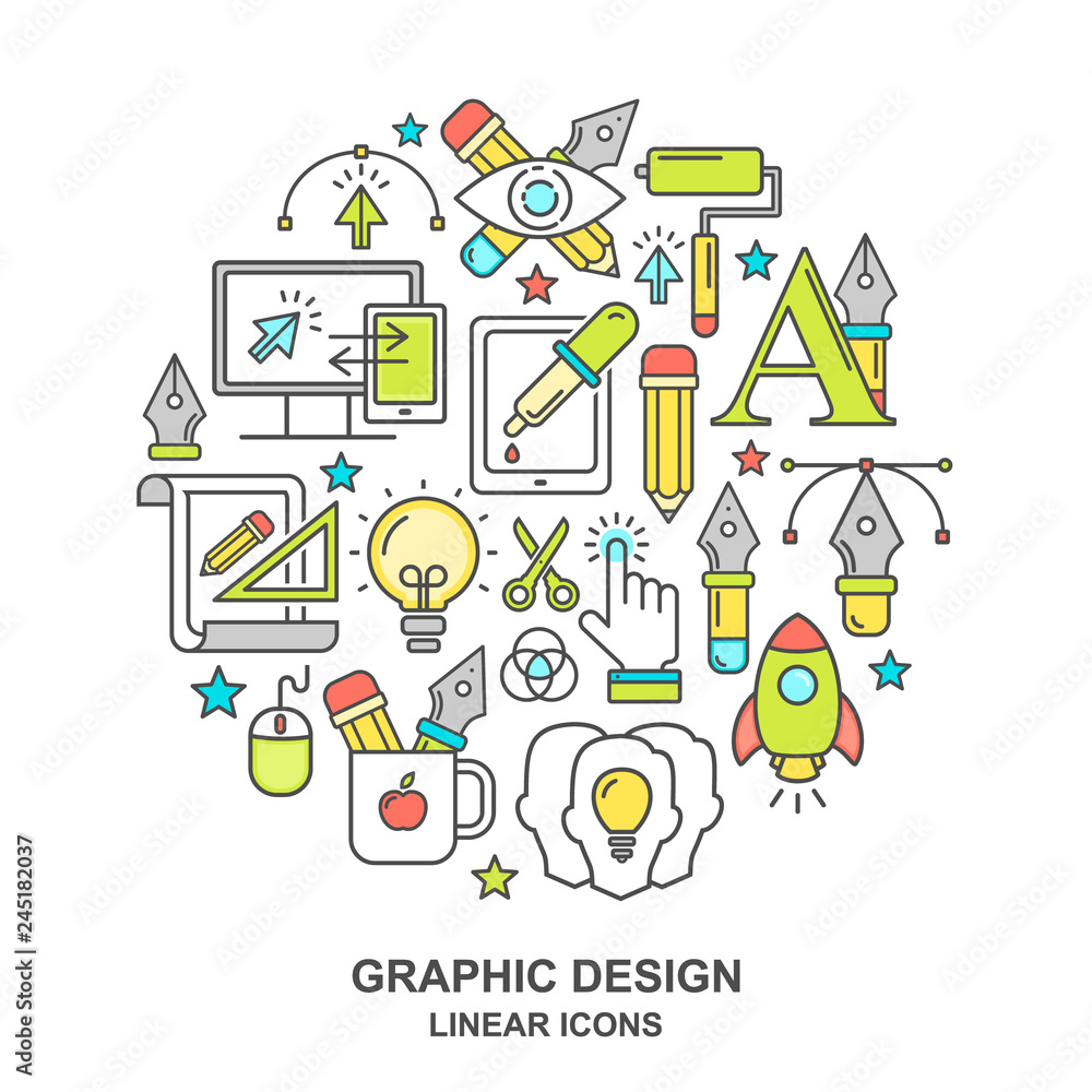 Poster vector graphic design pattern with linear icons. line style designer background with place for text.
