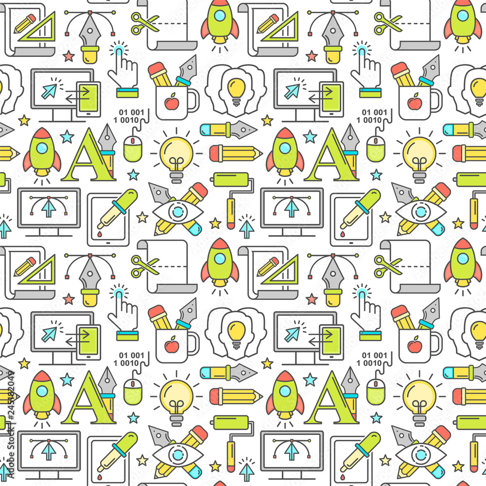 Poster vector graphic design seamless pattern with linear icons. line style designer background with place 