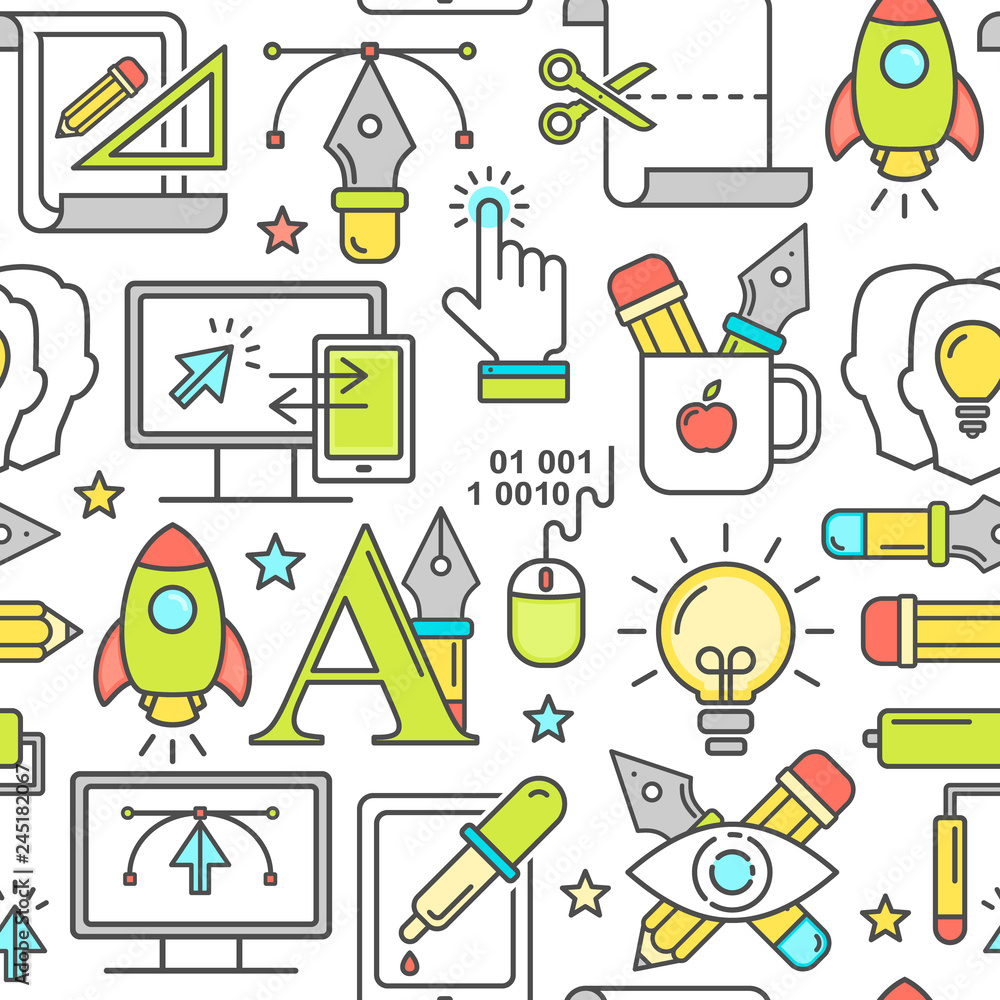 Poster vector graphic design seamless pattern with linear icons. line style designer background with place 