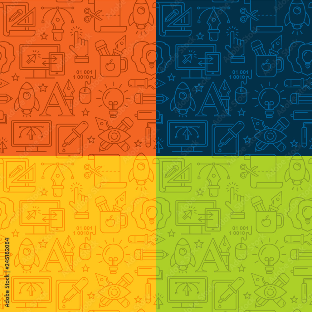 Poster vector graphic design seamless pattern with linear icons. line style designer background with place 