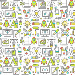 Vector graphic design seamless pattern with linear icons. Line style designer background with place for text.  Graphic design education and learning.