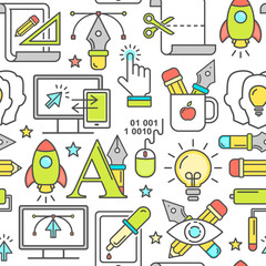 Vector graphic design seamless pattern with linear icons. Line style designer background with place for text.  Graphic design education and learning.