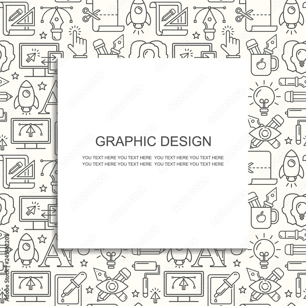 Poster vector graphic design seamless pattern with linear icons. line style designer background with place 