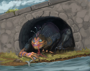 orange sea creature hiding under a bridge eating a trout for a snack - digital fantasy painting © Dominick