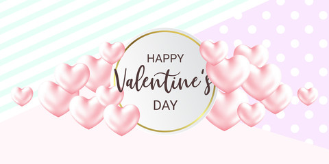 Cute Happy Valentine's Day calligraphy card with Hearts. Modern patterned background. Horizontal holidays poster, add, header, website.