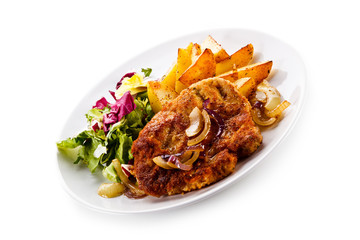 Fried pork chop with potatoes on white background