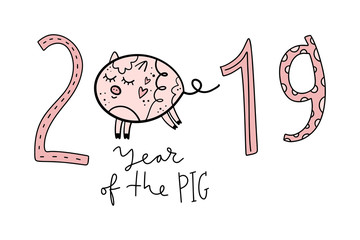 Postcard for New Year 2019 with cute pig. Symbol in the chinese calendar. Isolated vector illustration.