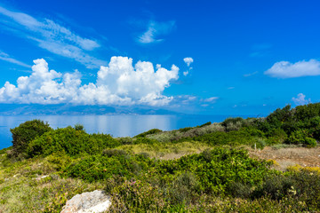 Fototapeta na wymiar Greece, Zakynthos, Reflecting silhouette of kefalonia island from north cape of zakynthos island