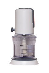 Kitchen appliances isolated. Electric food processor isolated on a white background. Universal usable shredder for fruits, vegetables, meat, nuts and others. Macro.