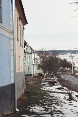 Viscri village in transylvania, romania. old rural saxon architecture heritage, winter streets of medieval village in romania tourism for unesco world heritage