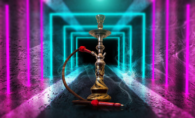 Smoking hookah on the background of an empty room. Multicolored neon light. Searchlight, laser blue...