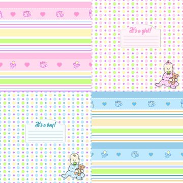 Set of cute seamless pattern for newborn boys and girls in blue and pink tones.