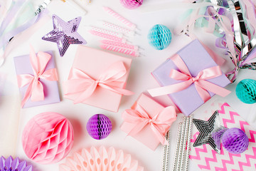 Set of Festive decorations in pastel colored. Flat lay. Holiday concept