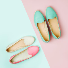 Stylish female shoes in pastel colors. Beauty and fashion concept. Flat lay, top view