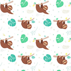 Seamless pattern with tropical leaves and sloths. vector illustration © romalya