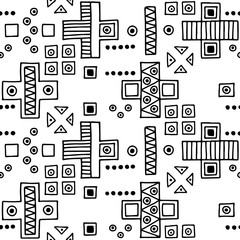 Seamless vector pattern. geometrical background with hand drawn decorative tribal elements. Print with ethnic, folk, traditional motifs. Graphic geometric illustration for wrapping, wallpaper, fabric
