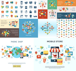 PrintDigital vector line icons set mobile shopping
