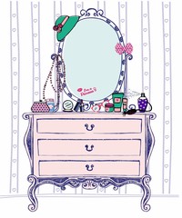 Naklejki  Vector illustration of society ladys boudoir with console mirror and a lot of womens accessories. Sketch chest of drawers