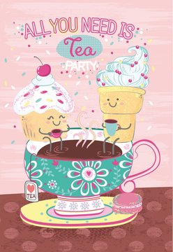 Vector art plot illustration with cartoon macaroon, ice cream and cake sitting on painted cup of tea with flower pattern, tea bag drawn in kawaii anime style