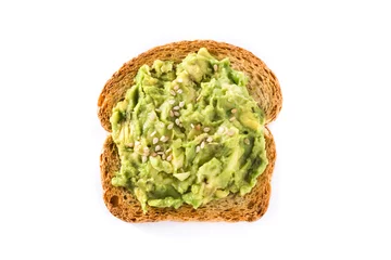 Poster Toasted breads with avocado and sesame seeds isolated on white background. Top view © chandlervid85