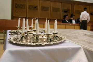 Synagogue and Hanukkah Candles