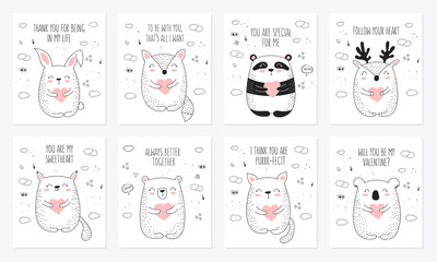 Fototapeta na wymiar Vector line drawing postcard collection with cute animals and hearts.