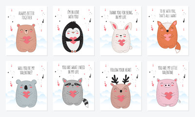 Vector line drawing postcard collection with cute animals and hearts.